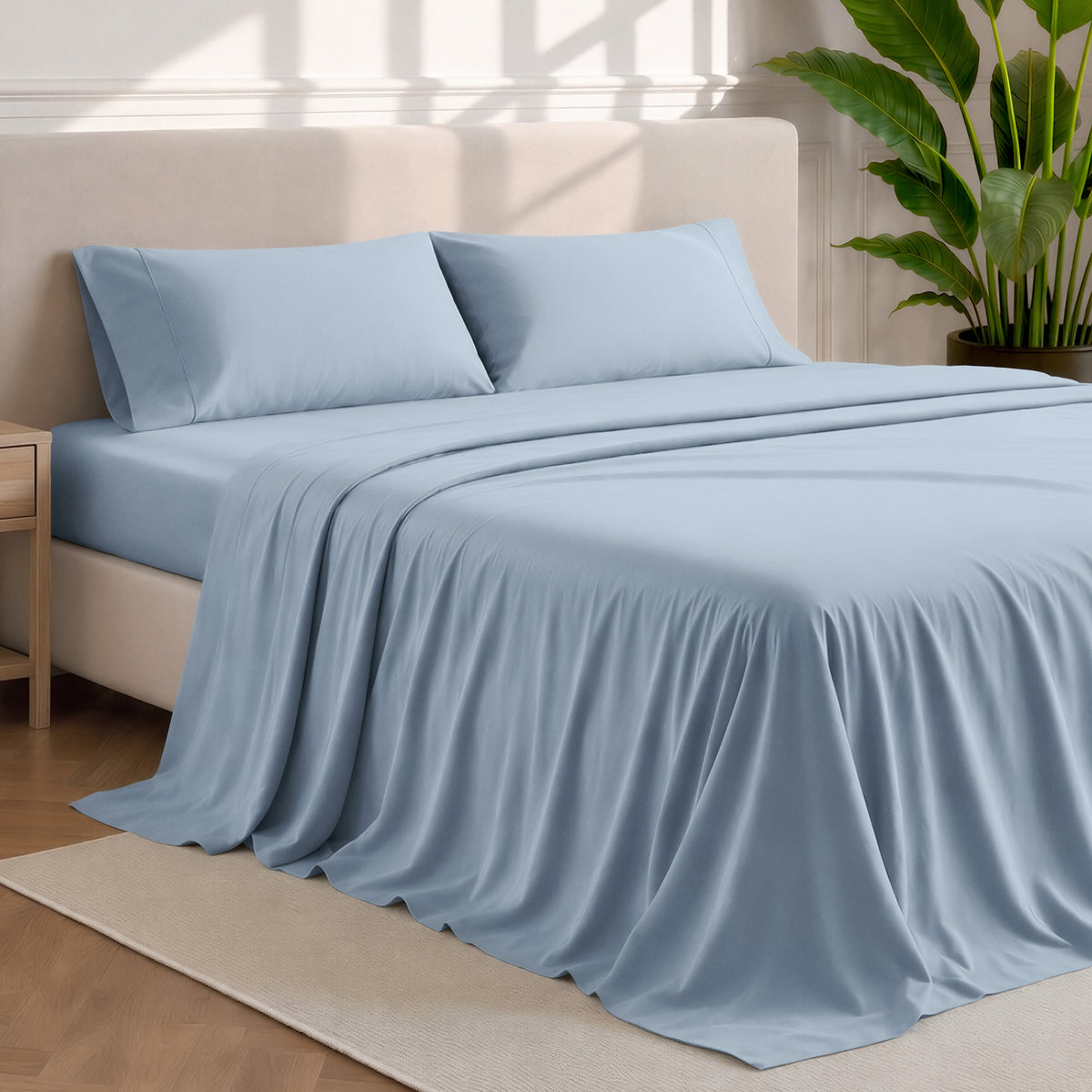 Microfiber sheets and pillowcases in a bedroom stetting