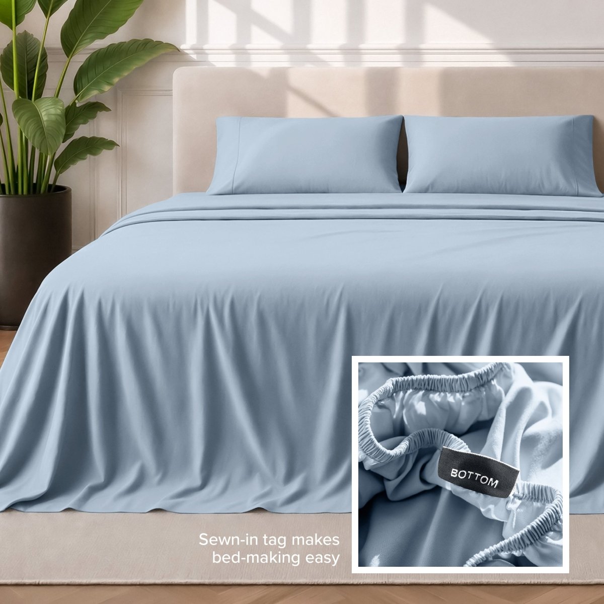 Sewn-in tag makes bed-making easy