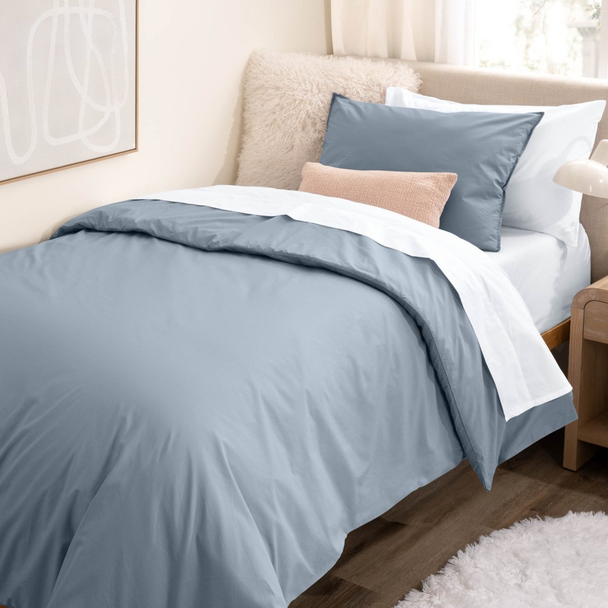 College dorm room with percale bedding