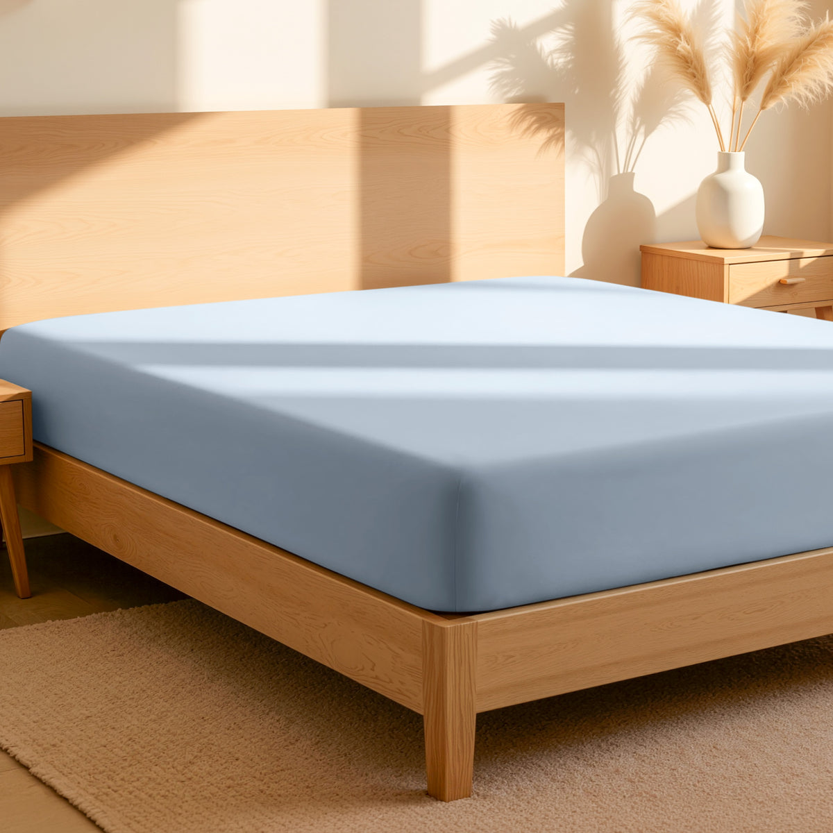 Fitted sheet on a bed in a bedroom setting with a lamp and plant.