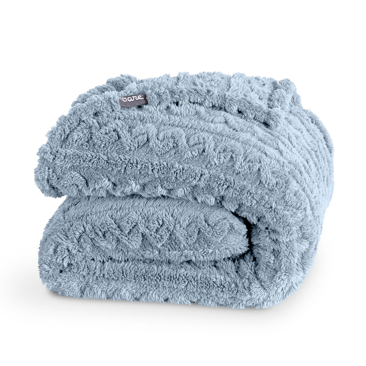 Folded blue blanket with a Bare brand tag on a white background