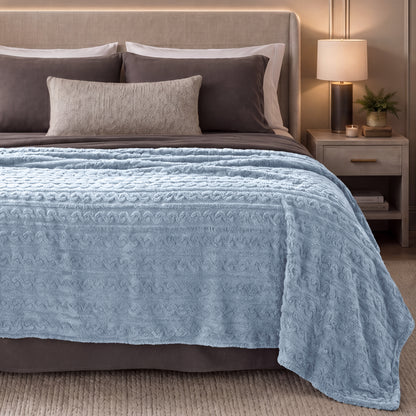Bed with blue textured blanket in a bedroom setting.