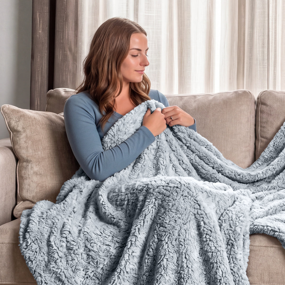 Woman sitting on a couch wrapped in a fluffy textured blanket