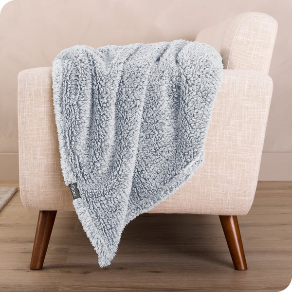 A sherpa blanket is hanging over the edge of a chair