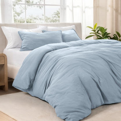 Bedding set on a bed in a bright room with natural light