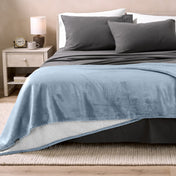 Bed with grey sheets and a sherpa blanket