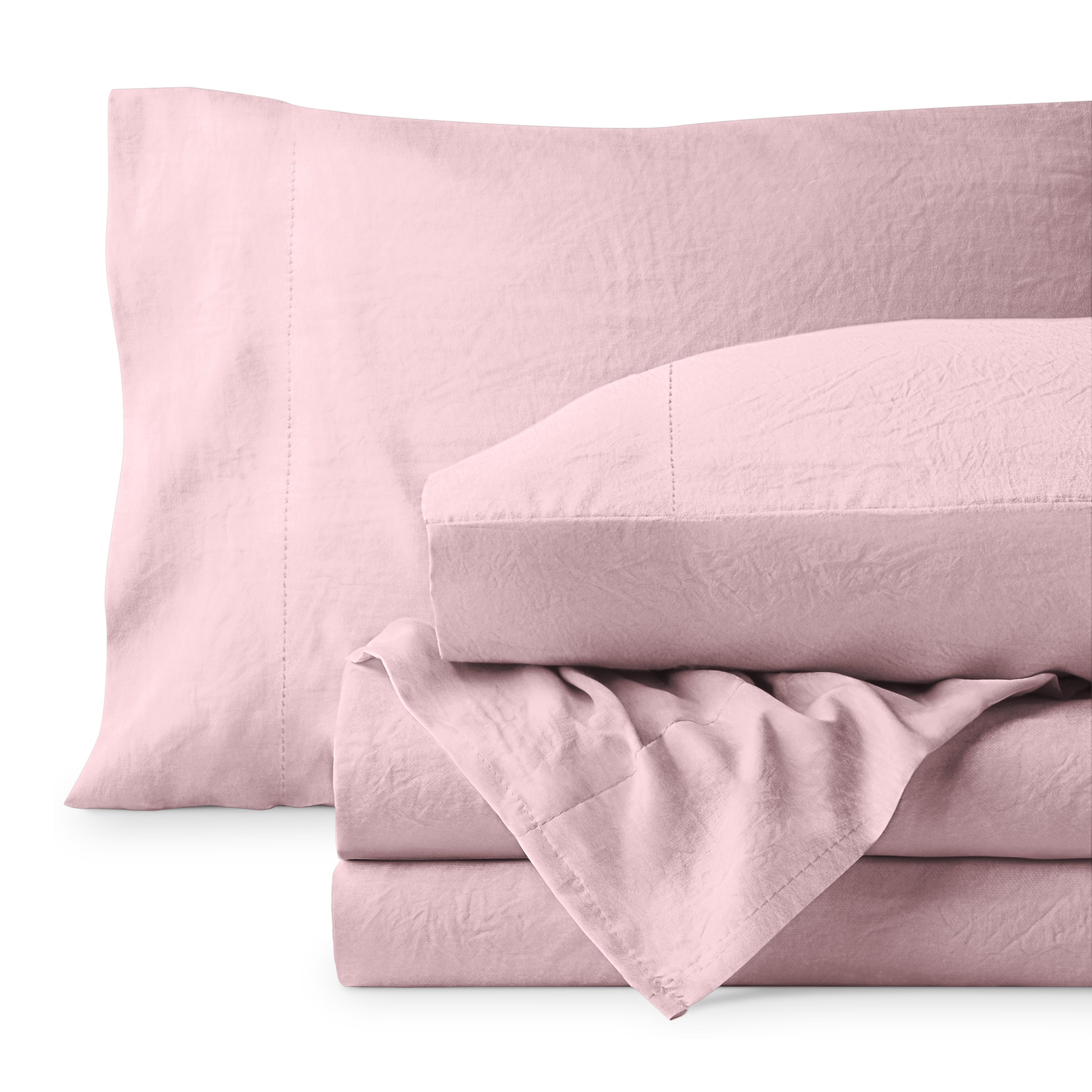 Washed microfiber sheet set folded and stacked on a white background