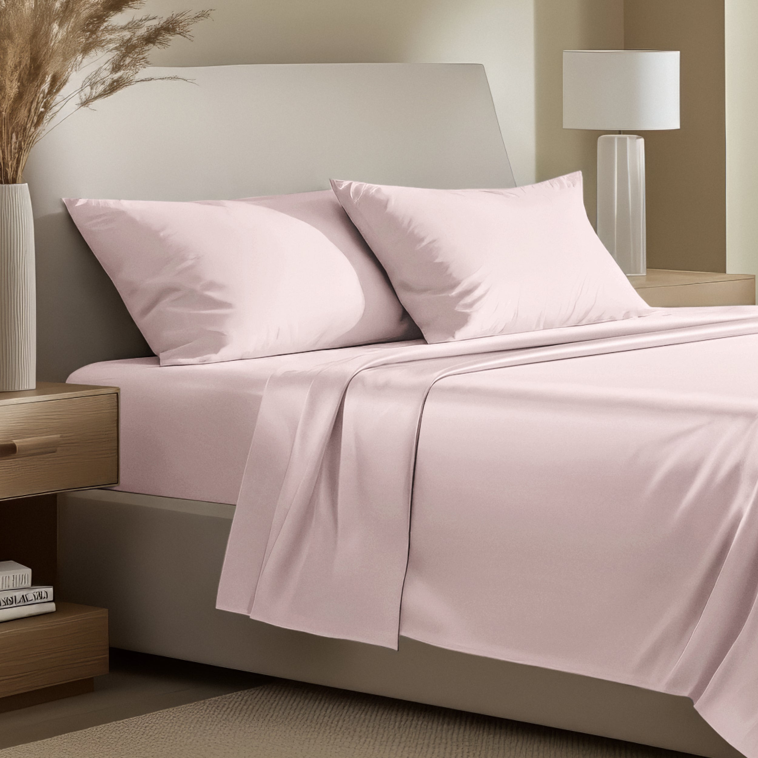 Bedding set on a bed with pillows in a bright room.