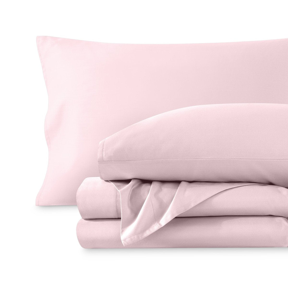 A sateen sheet set folded and stacked on a white background.