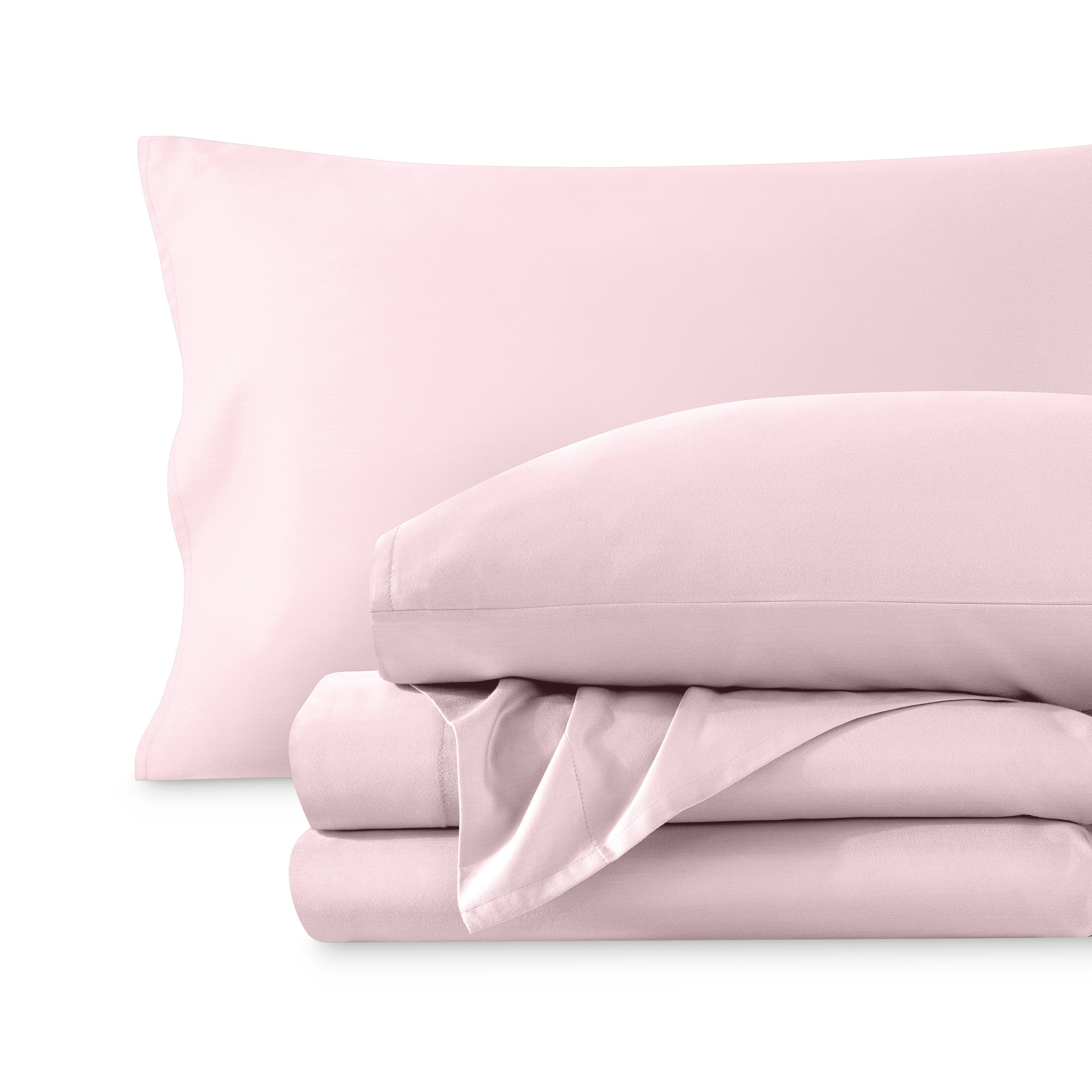 A sateen sheet set folded and stacked on a white background.