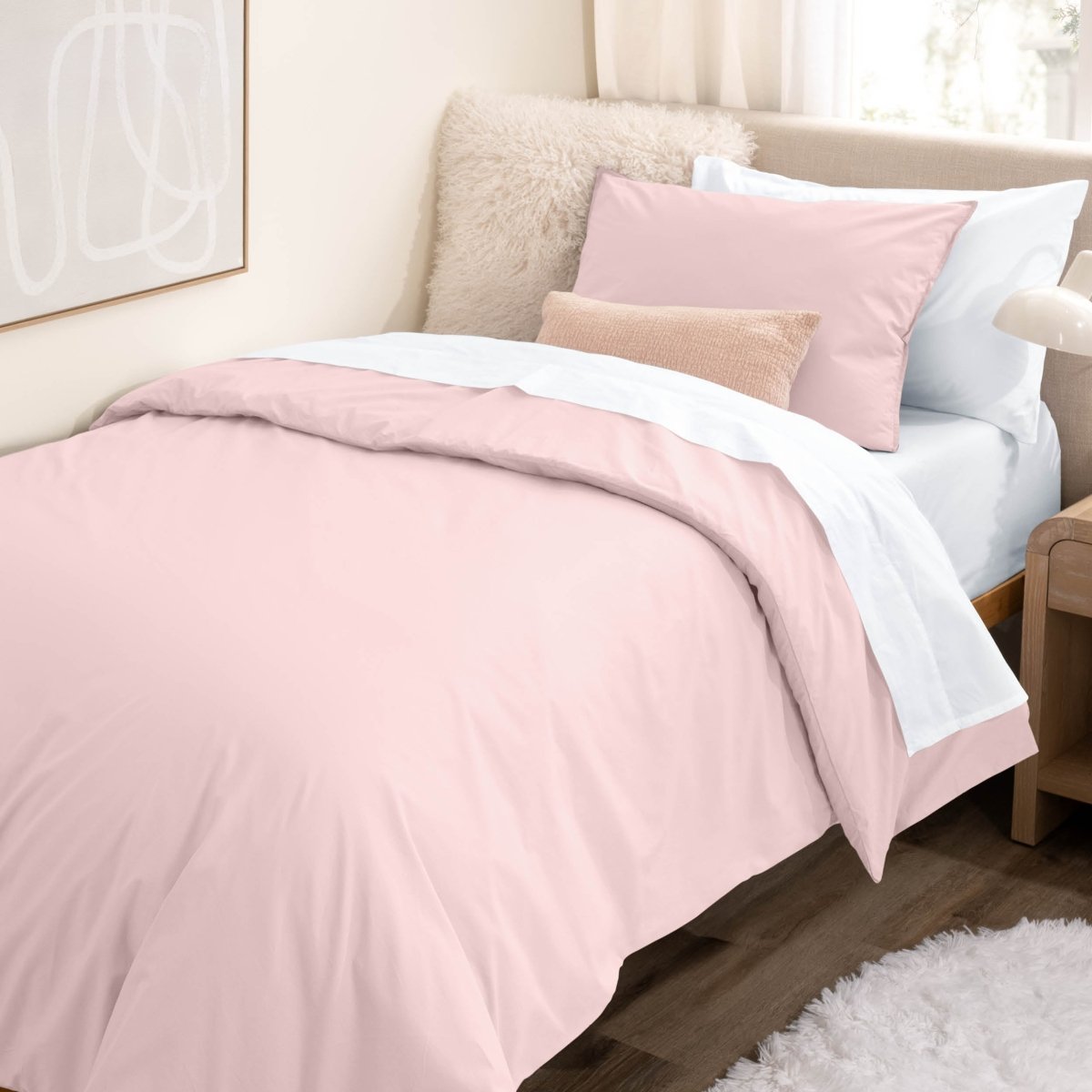 College dorm room with percale bedding