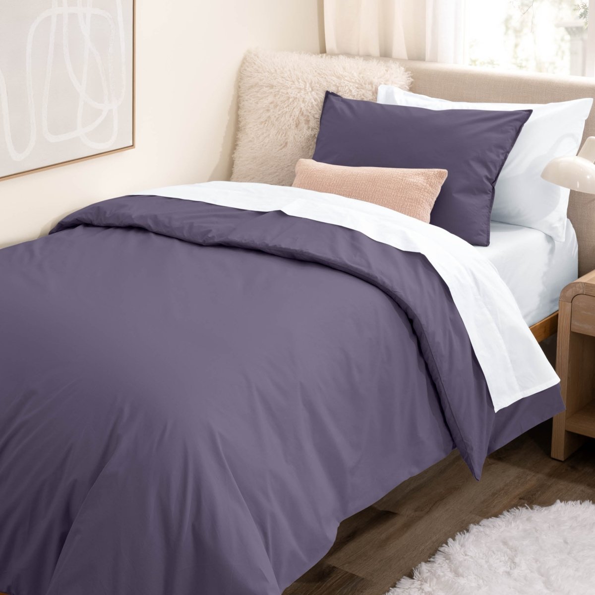 College dorm room with percale bedding