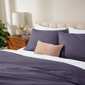 Bed with percale bedding in a bedroom setting