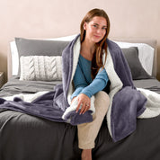 A woman sitting on a bed with a Sherpa blanket around her