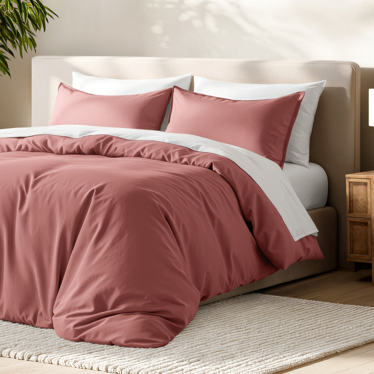 Bed with microfiber duvet cover and sham set in a bedroom setting.