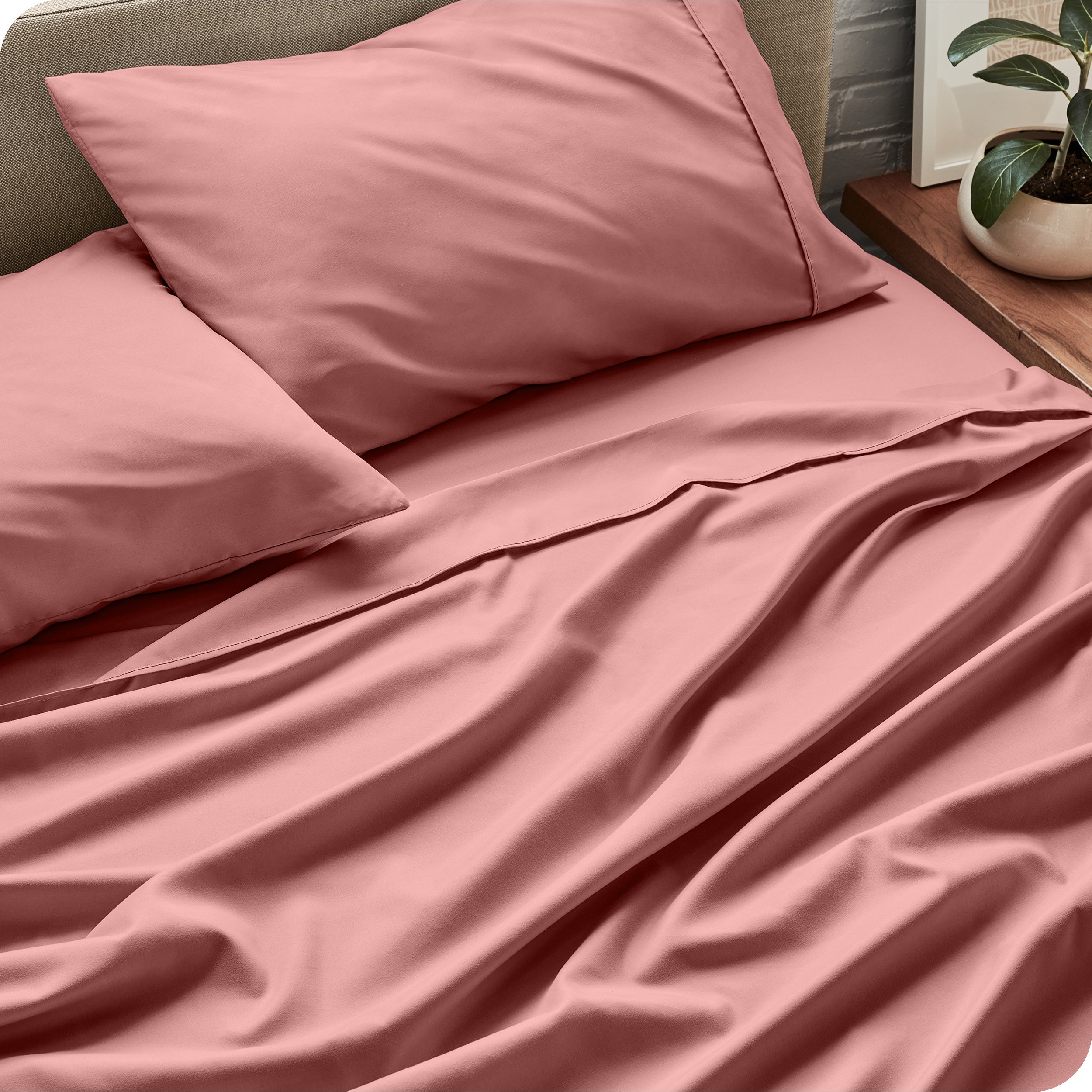 Sheet set on a bed with pillows and a plant in the background