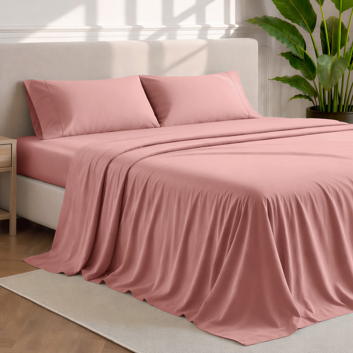 Microfiber sheets and pillowcases in a bedroom stetting