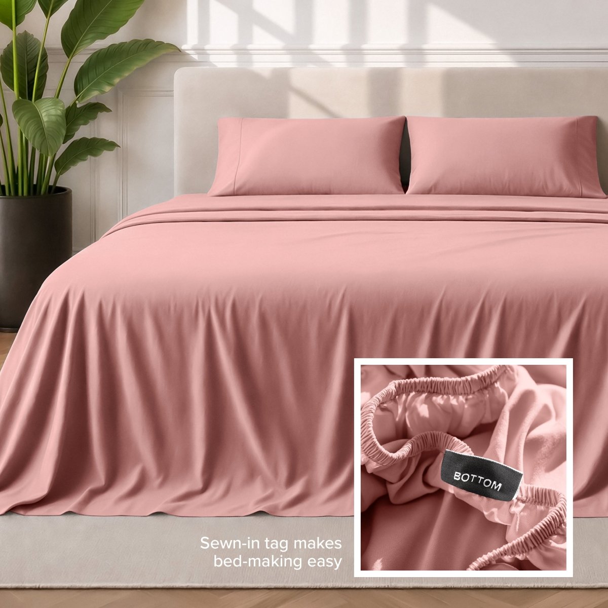 Sewn-in tag makes bed-making easy
