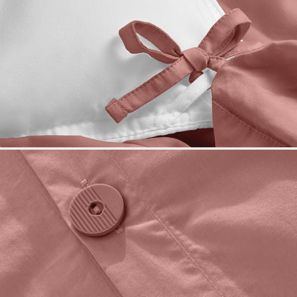 Close-up of the corner ties and button on the percale duvet cover
