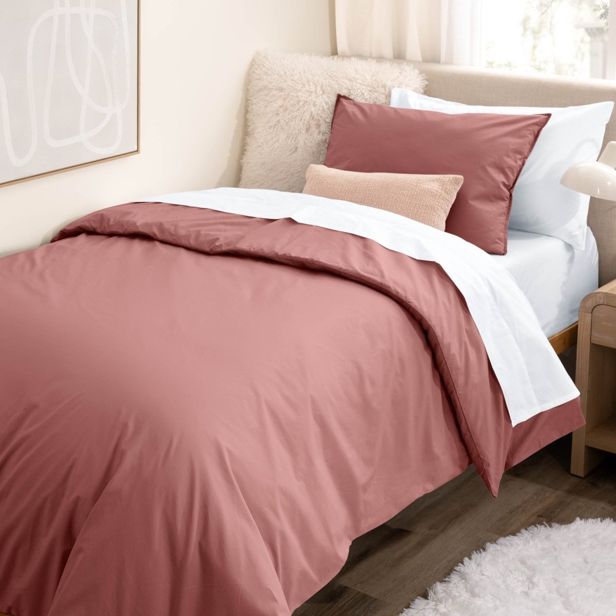 College dorm room with percale bedding