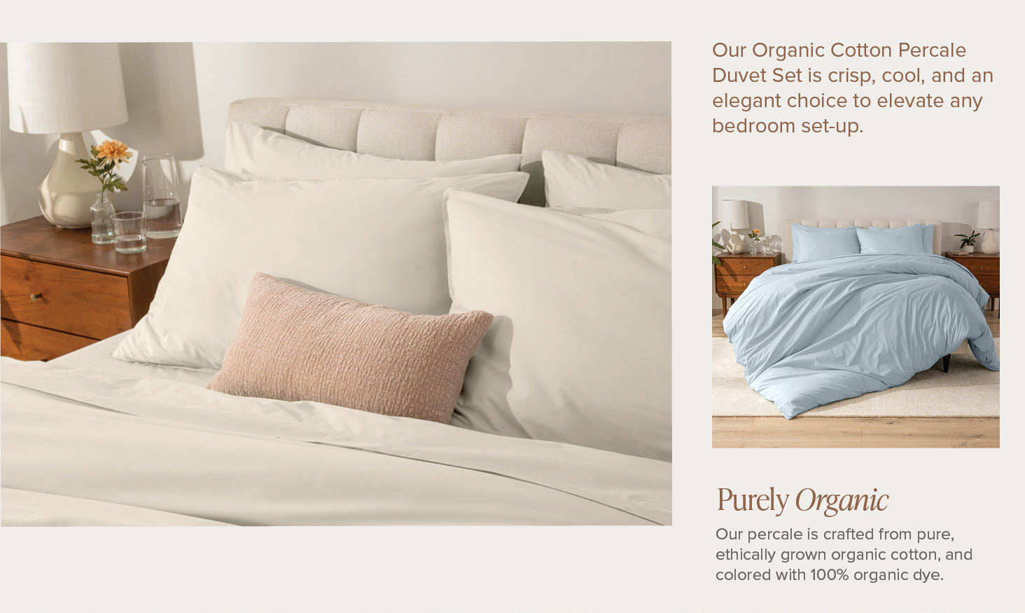 Purely Organic cream duvet in room and light blue made percale duvet bed