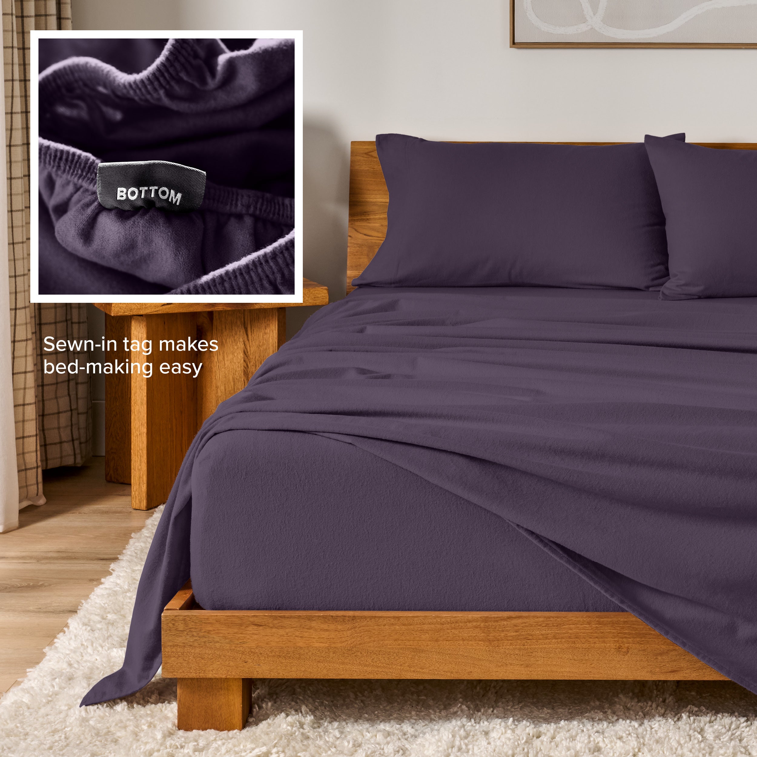 Flannel sheets on a with an inset of a sewn-in tag reading BOTTOM