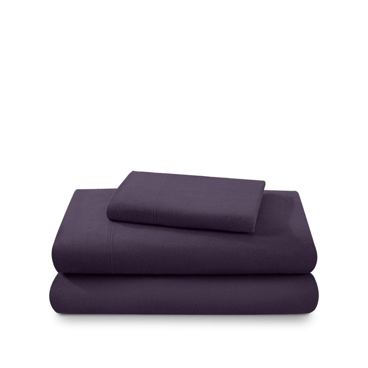 Cotton flannel sheet set folded and stacked on a white background