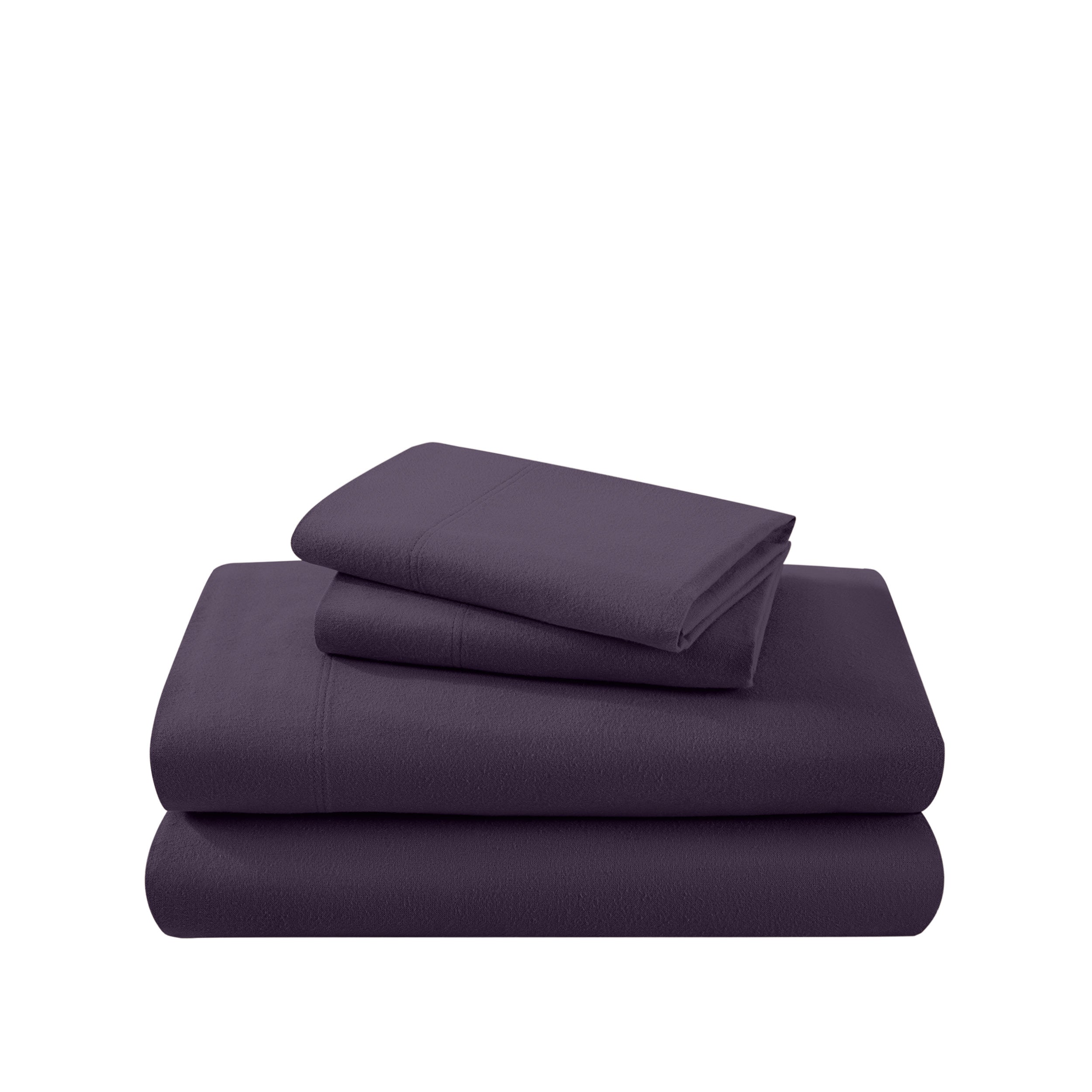 Cotton flannel sheet set folded and stacked on a white background