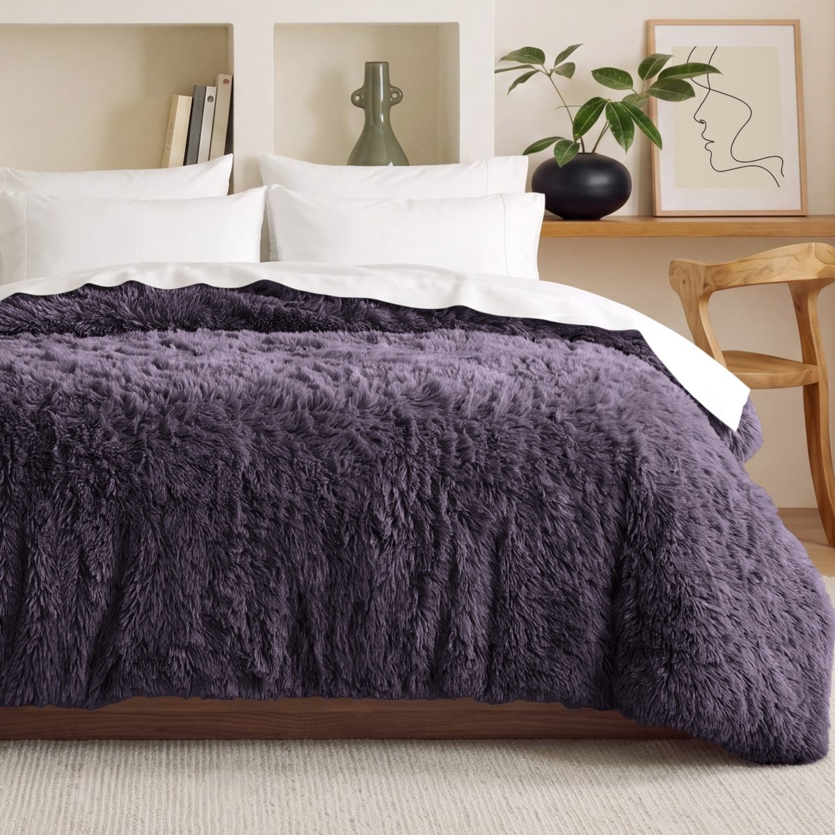 Shaggy duvet on a bed in a bedroom setting with decor elements.