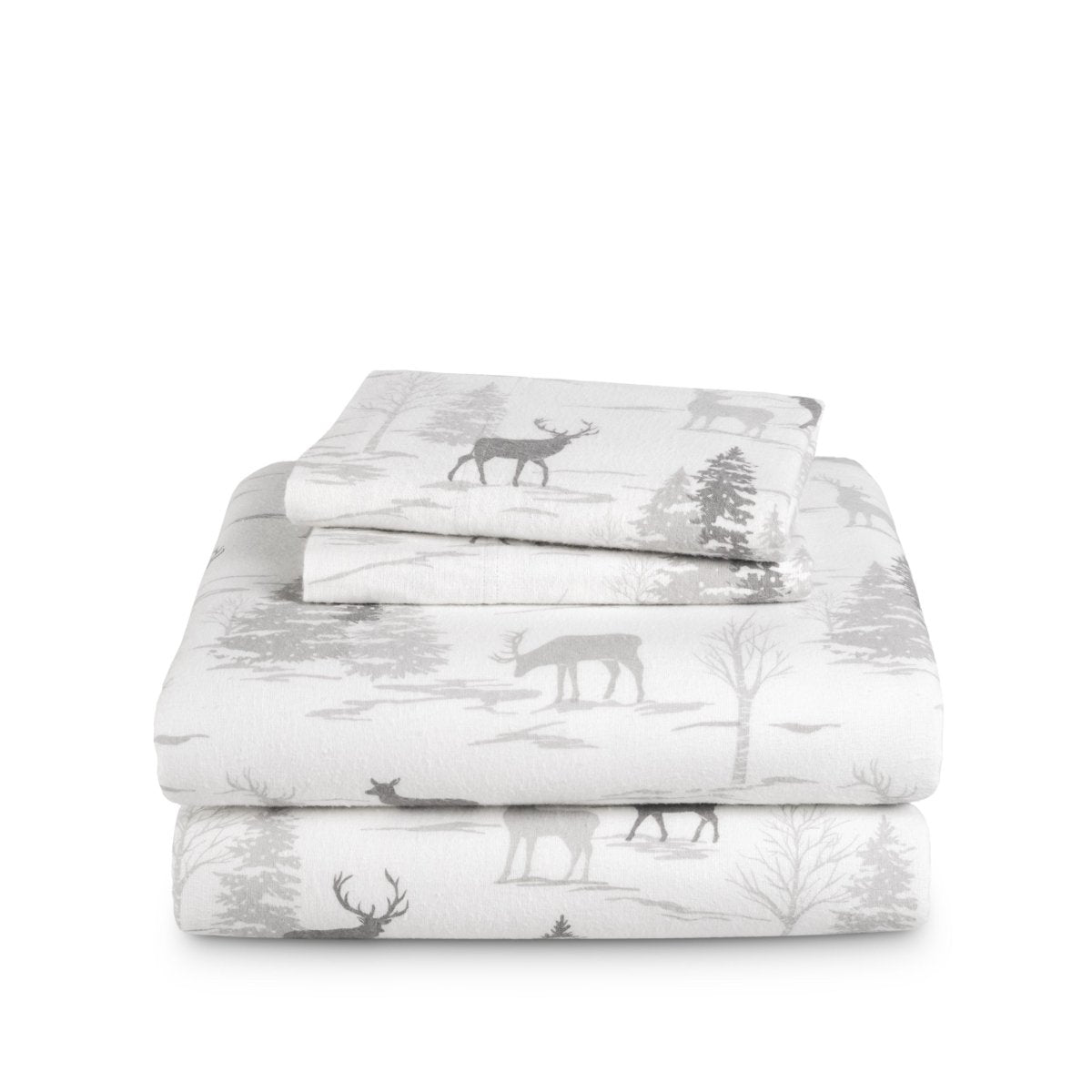 Stack of flannel sheets and pillowcases on a white background