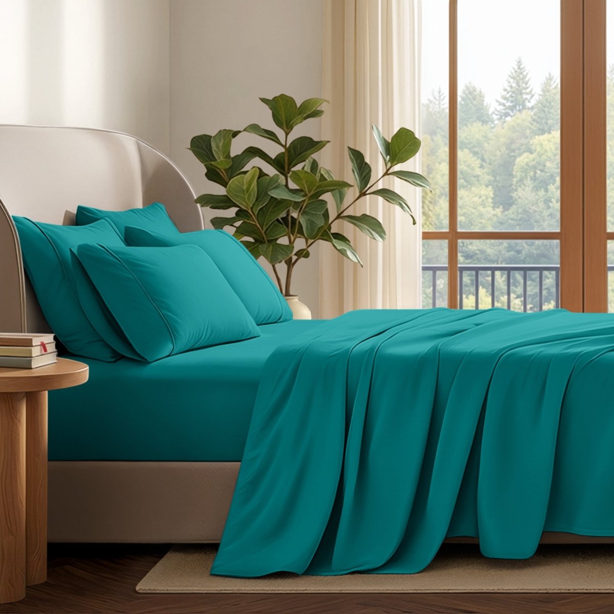 A neatly made bed with in a softly lit bedroom. A large green plant stands beside the bed, and a window with curtains is visible in the background.