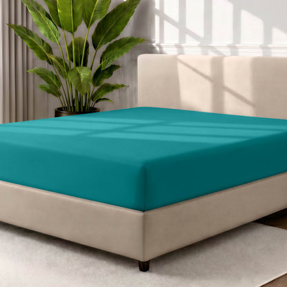 Bed with a fitted sheet in a room with a large plant and rug