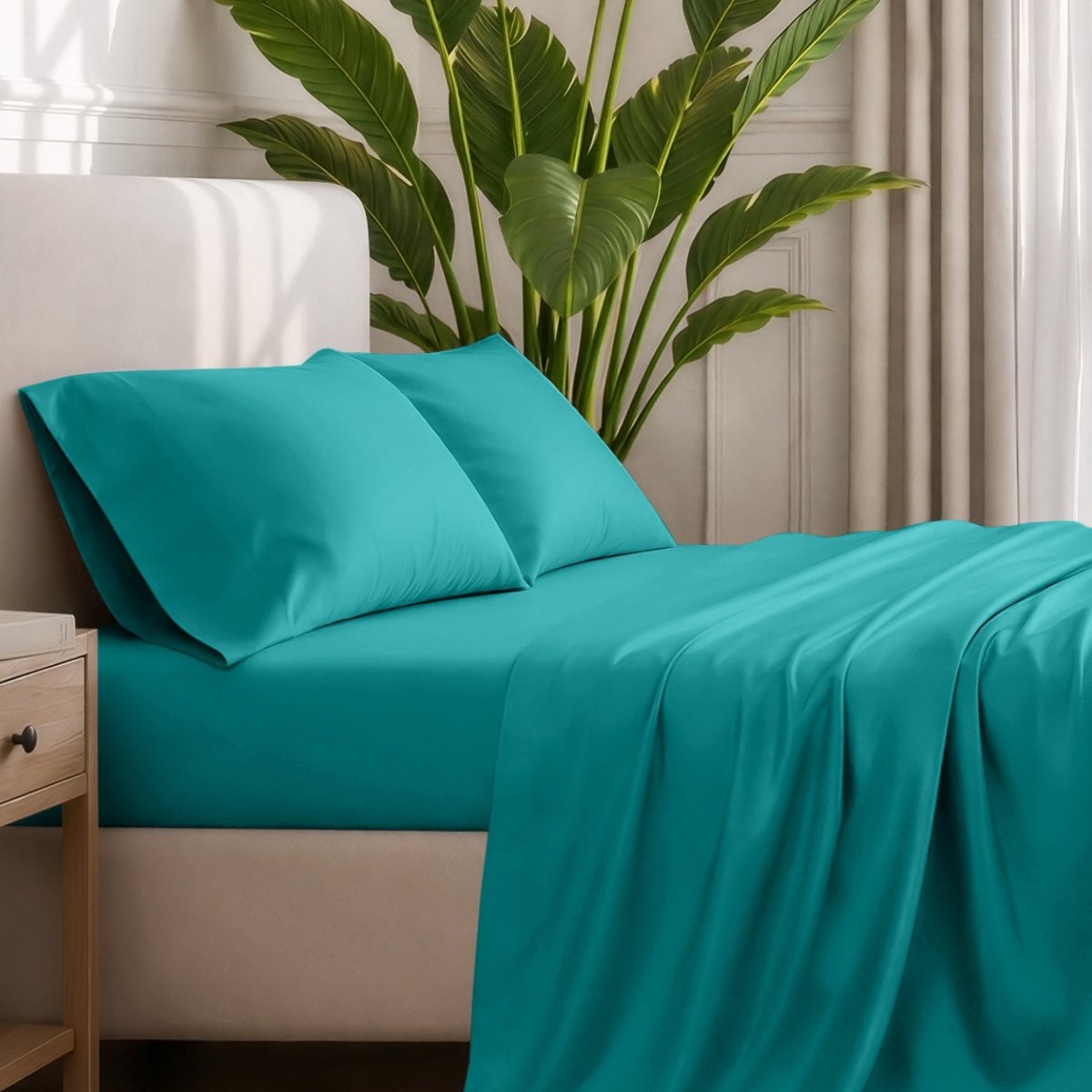 Ultra-soft sheets and pillowcases on a bed with a plant in the background