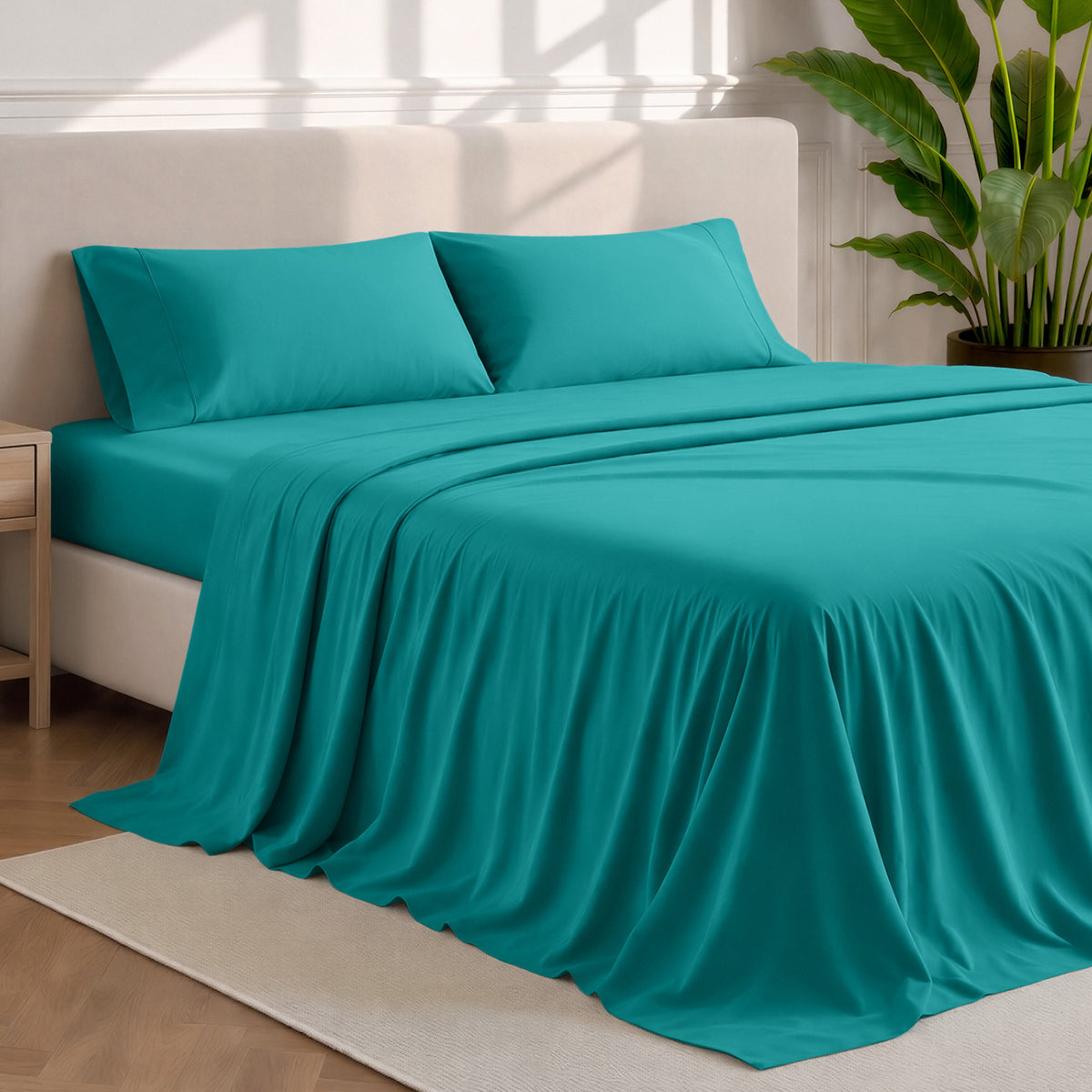 Microfiber sheets and pillowcases in a bedroom stetting