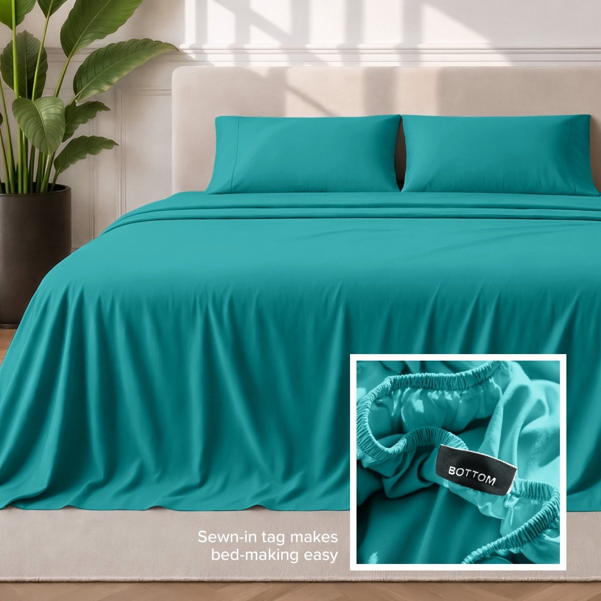 Sewn-in tag makes bed-making easy