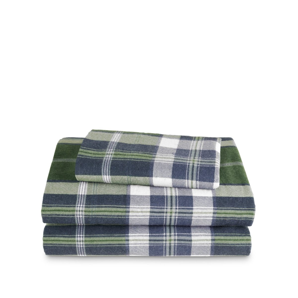 Stack of flannel sheets and pillowcases on a white background