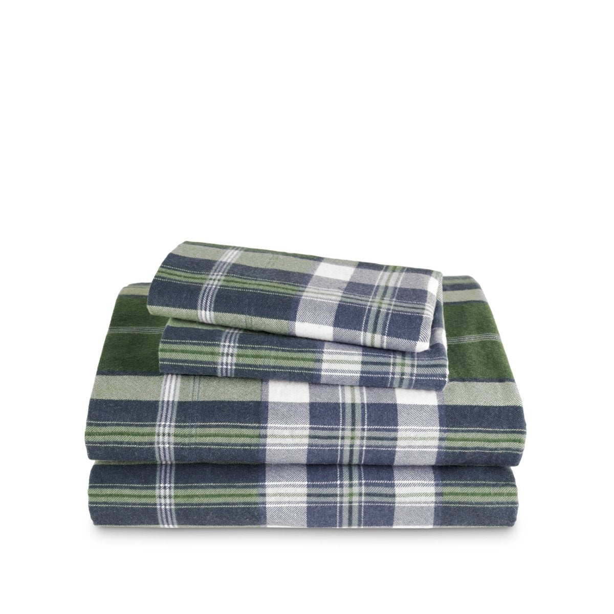 Stack of flannel sheets and pillowcases on a white background