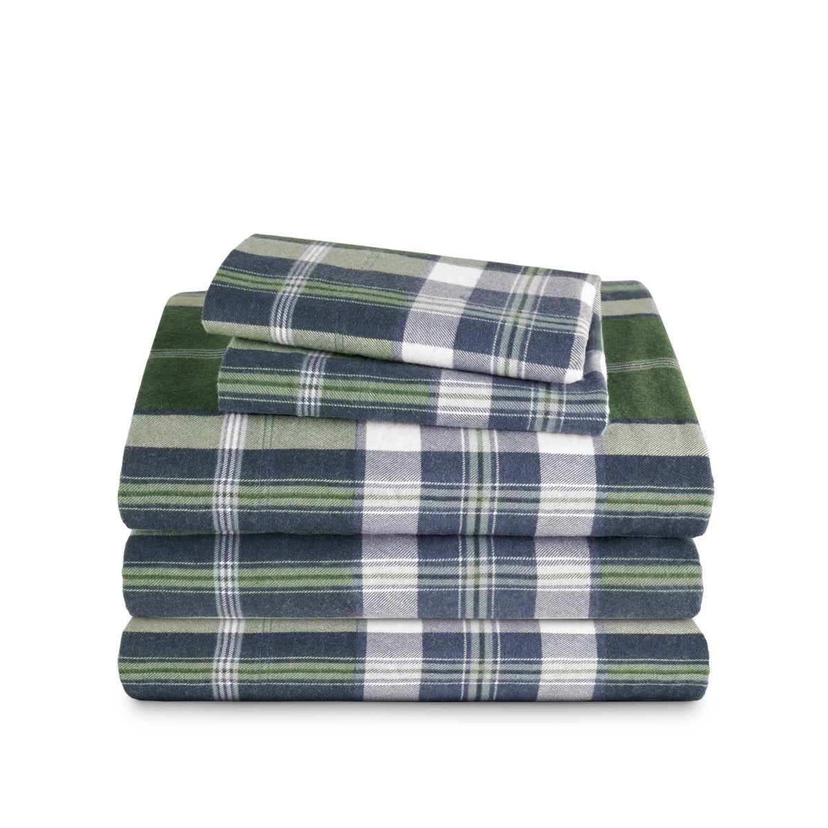 Stack of flannel sheets and pillowcases on a white background