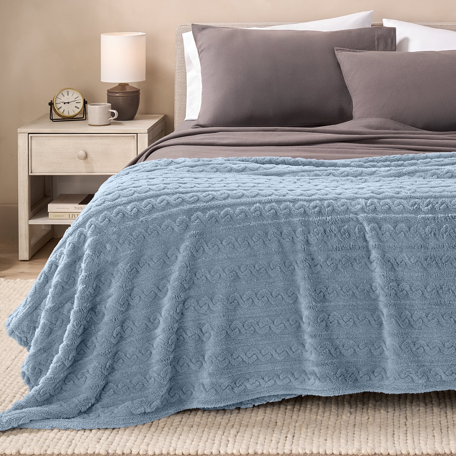 Cable Knit Blue Blanket on Bed