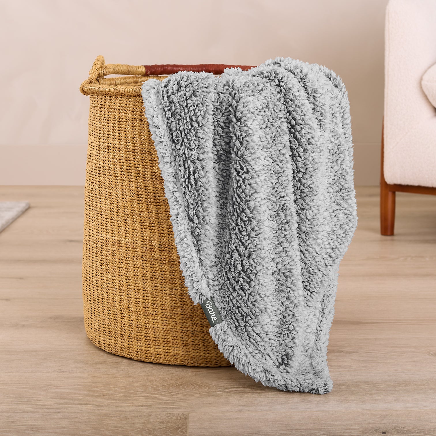 Tipped Grey Blanket in Clothes Basket