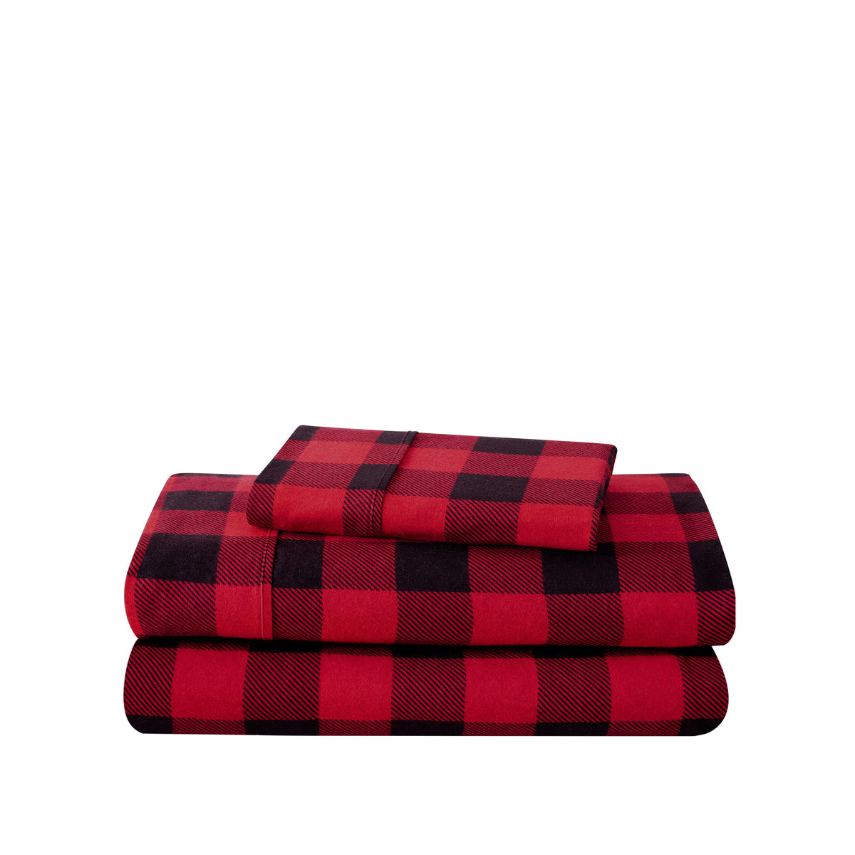 Stack of flannel sheets and pillowcases on a white background