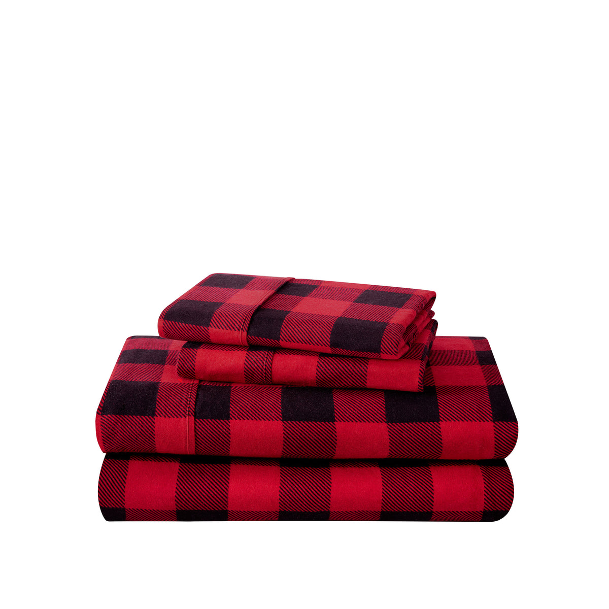 Stack of flannel sheets and pillowcases on a white background