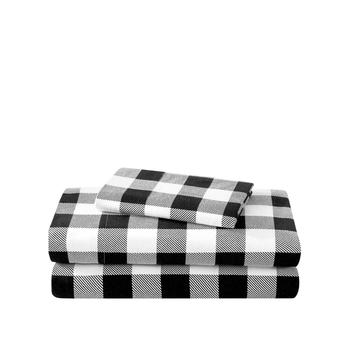 Stack of flannel sheets and pillowcases on a white background