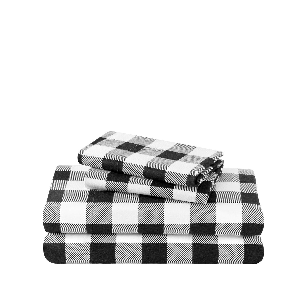 Stack of flannel sheets and pillowcases on a white background