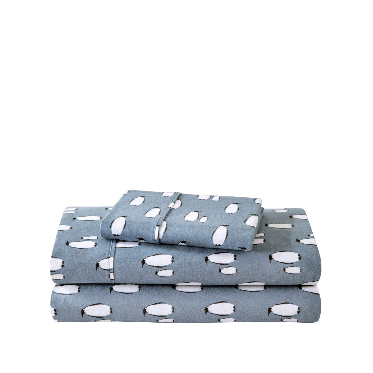 Stack of flannel sheets and pillowcases on a white background