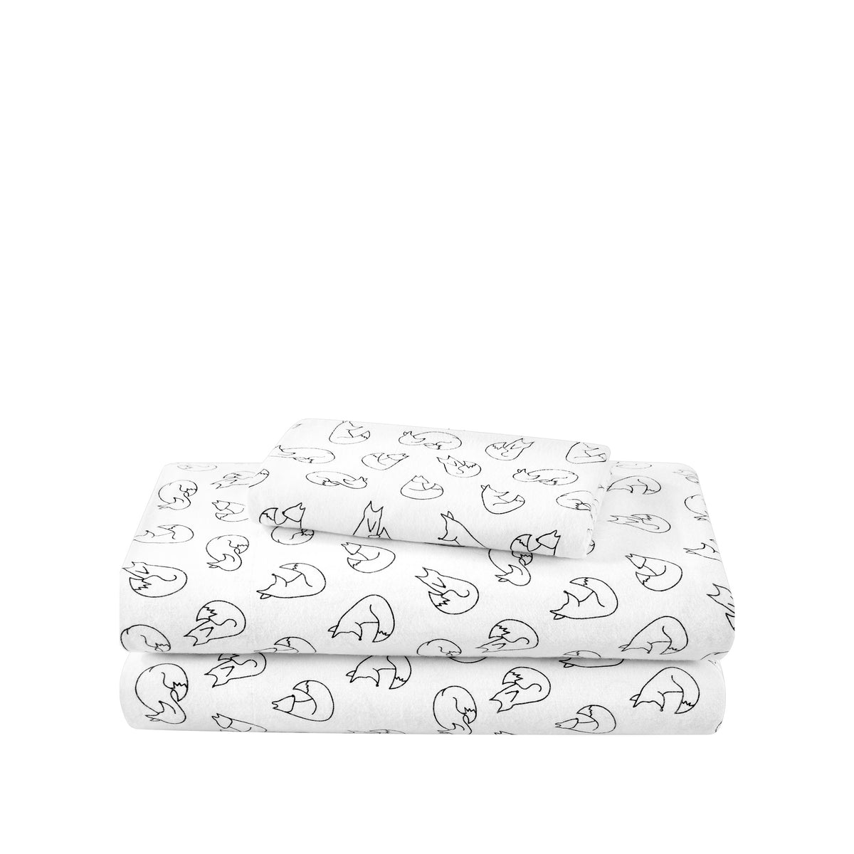 Stack of flannel sheets and pillowcases on a white background