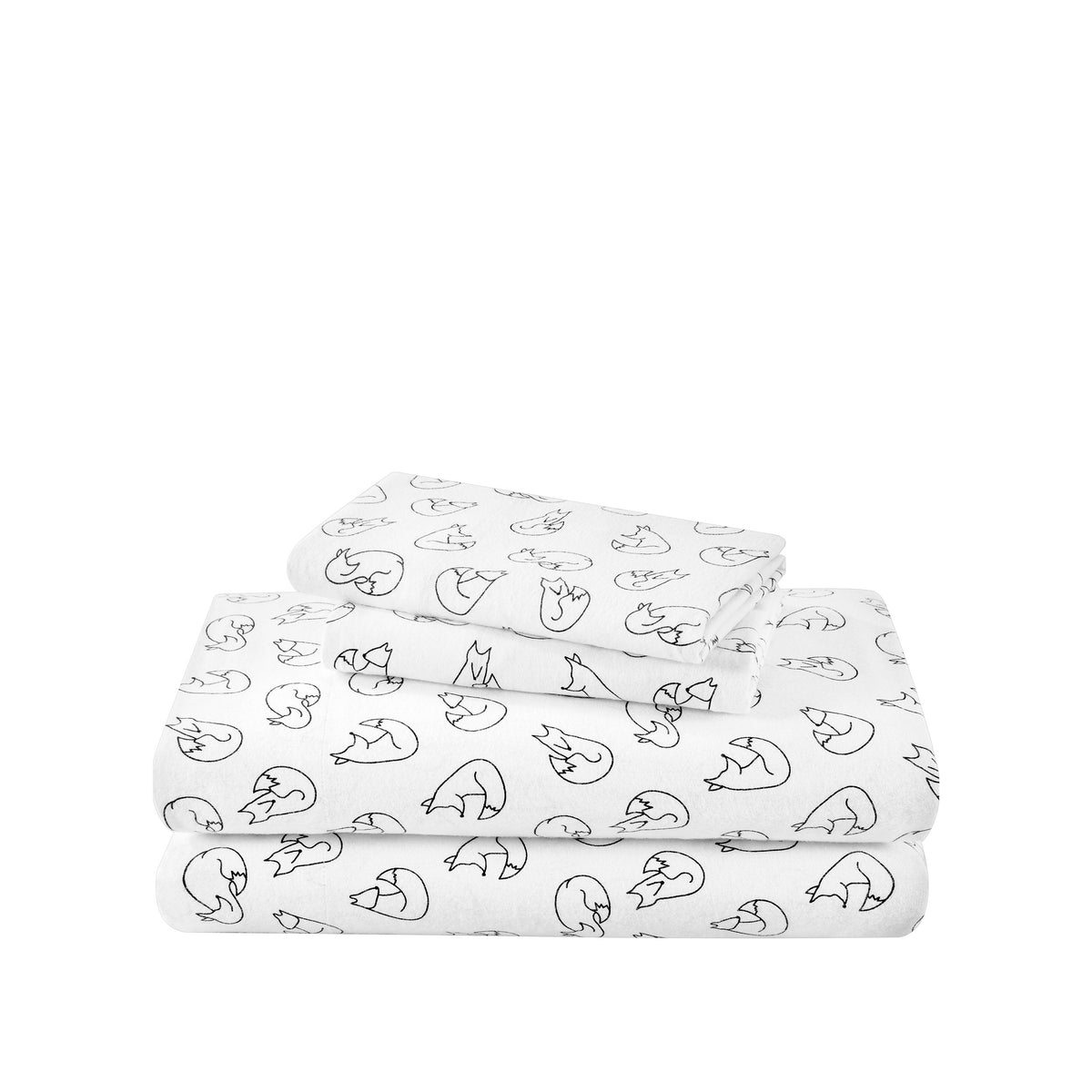 Stack of flannel sheets and pillowcases on a white background