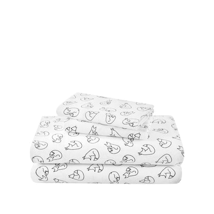Stack of flannel sheets and pillowcases on a white background
