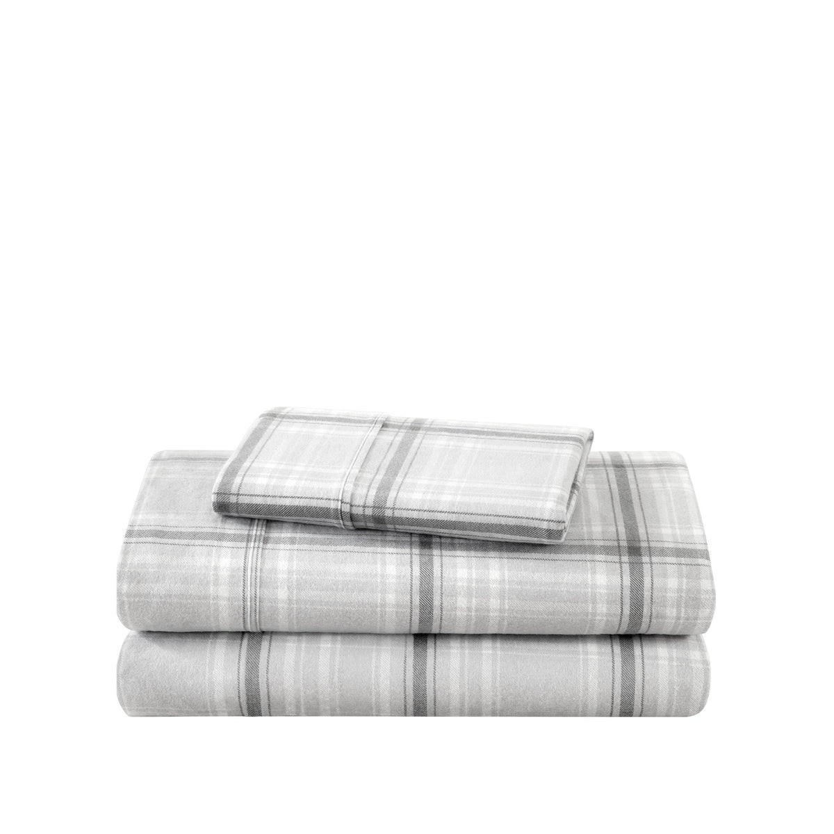 Stack of flannel sheets and pillowcases on a white background