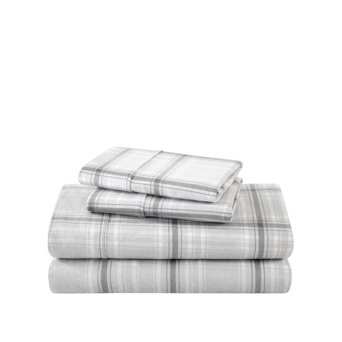 Stack of flannel sheets and pillowcases on a white background
